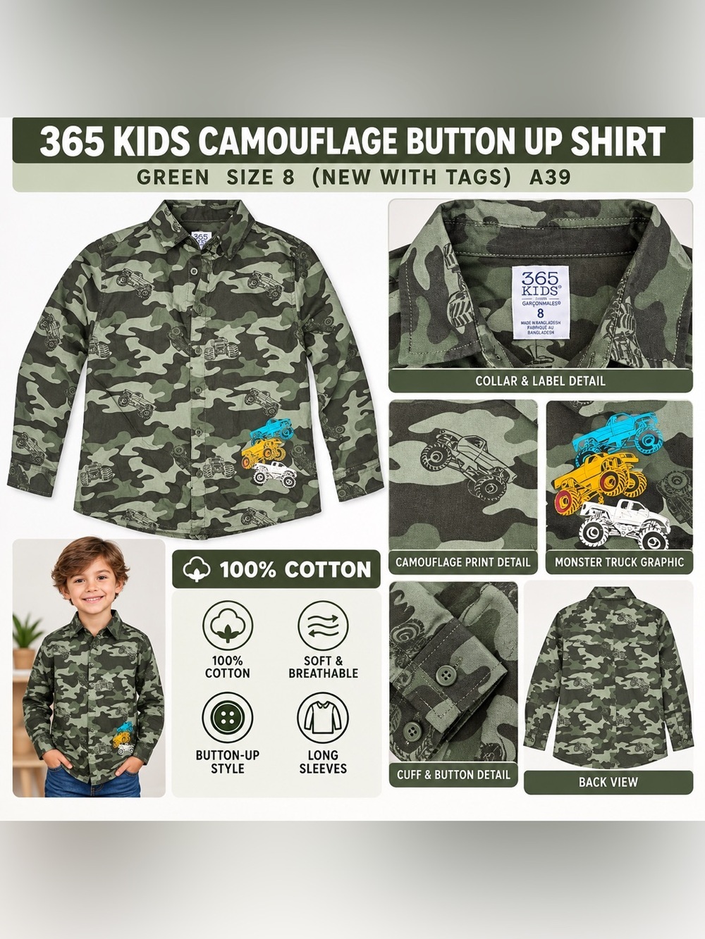 365 KIDS CAMOUFLAGE BUTTON-UP
SHIRT - GREEN SIZE 8 (NEW WITH TAGS)
A39